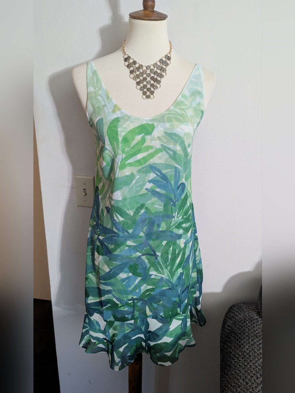 cabi Castaway Tropical Palm Leaf Print Dress Ruffle Hem Chiffon Slip 5235 XS